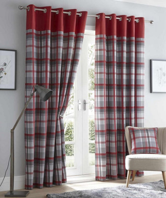 "Portfolio Home Orleans Tartan Check Fully Lined Eyelet Curtains Ring Top Red 66X90"""