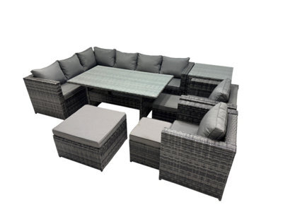 Fimous Outdoor Pe Rattan Sofa Set With Dining Table Patio Garden Furniture Sets With 3 Stool Side Table Dark Grey Mixed - image 1