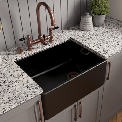 London Sink Company Belfast 595mm 1-Bowl Matt Copper Ceramic Sit-On Kitchen Sink, Waste Supplied, 10 Year Guarantee - image 1