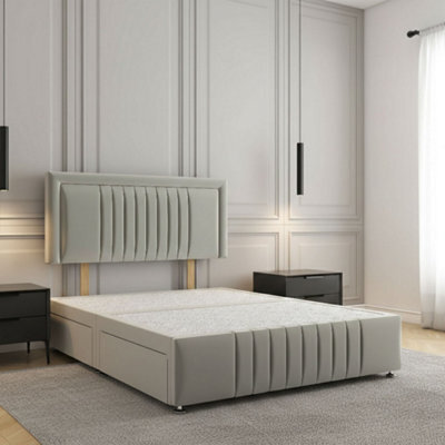 REGIONAL FURNISHINGS Silver Plush Velvet Upholstered Divan Bed Set 24Inch Headboard & Footboard 2Drawers Footend & No Mattress In 4Ft 4Ft6 5Ft 6Ft - image 1