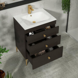 Royal Bathrooms Royal Bathroom Verona 600mm Walnut Woodgrain 3-Drawer Floor Standing Vanity Unit With Carrara White Basin & Brushed Brass Knob - thumbnail 5