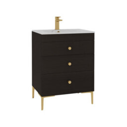 Royal Bathrooms Royal Bathroom Verona 600mm Walnut Woodgrain 3-Drawer Floor Standing Vanity Unit With Carrara White Basin & Brushed Brass Knob - thumbnail 6