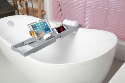 Woodluv Extendable Luxury Bamboo Bathtub Caddy/ Bath Bridge/ Bath Tray With Slotted Design, Grey - image 1