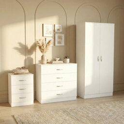 Lassic Vida Designs Riano 3 Piece Bedroom Set (3 Drawer Bedside Chest, 4 Drawer Chest, 2 Door Wardrobe) White (4) - thumbnail 2