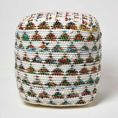 Homescapes Cream Chindi Design Small Square Beanbag Style Footstool - image 1