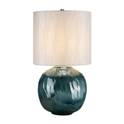 Elegant Ocean Blue Table Lamp With Light Grey Faux Silk Shade And Blue Led Bulb - image 1