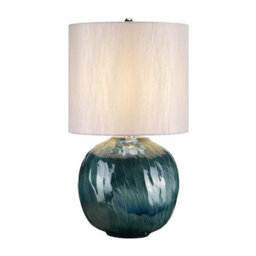Elegant Ocean Blue Table Lamp With Light Grey Faux Silk Shade And Blue Led Bulb - thumbnail 1