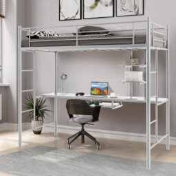 Costway 3.5 Ft Single Metal Loft Bed Frame High Sleeper Bunk Bed W/ Desk-White - thumbnail 3