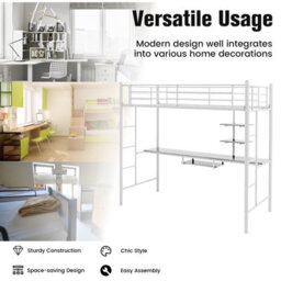 Costway 3.5 Ft Single Metal Loft Bed Frame High Sleeper Bunk Bed W/ Desk-White - thumbnail 9