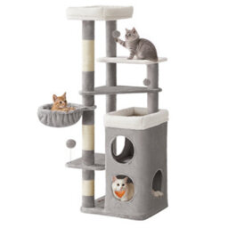 Feandrea Tall Cat Tree, Multiple-Level Cat Tower With 2 Caves, Basket, 3 Scratching Posts, 3 Perches, Dove Grey - thumbnail 2