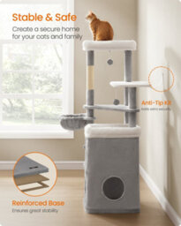 Feandrea Tall Cat Tree, Multiple-Level Cat Tower With 2 Caves, Basket, 3 Scratching Posts, 3 Perches, Dove Grey - thumbnail 6