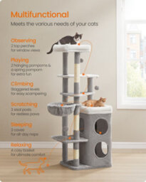 Feandrea Tall Cat Tree, Multiple-Level Cat Tower With 2 Caves, Basket, 3 Scratching Posts, 3 Perches, Dove Grey - thumbnail 5