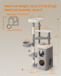 Feandrea Tall Cat Tree, Multiple-Level Cat Tower With 2 Caves, Basket, 3 Scratching Posts, 3 Perches, Dove Grey - thumbnail 7