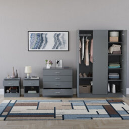 Lassic Vida Designs Riano 4 Piece Bedroom Set (1 Drawer Bedside Chest, 4 Drawer Chest, 3 Door Wardrobe), Grey - thumbnail 2