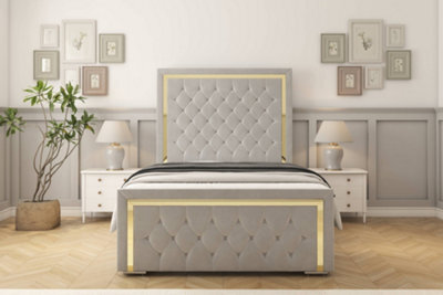 "Sloomy Sofia Gold Silver Plush Bed Frame With Mattress With 50"" Upholstered Headboard 3' Single" - image 1