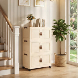 Darphe Magnetic Double Door Cream Plastic 3 Tier Rolling Foldable Storage Cabinet
