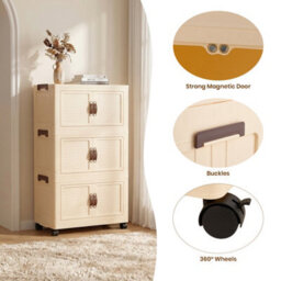 Darphe Magnetic Double Door Cream Plastic 3 Tier Rolling Foldable Storage Cabinet - thumbnail 7