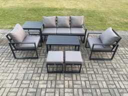 Fimous Aluminium Patio Outdoor Furniture Set 7 Seater Garden Sofa With Coffee Table 2 Footstools 2 Armchairs Side Table Dark Grey - thumbnail 2