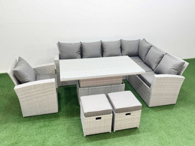 Fimous 9 Seat Rattan Garden Furniture Corner Sofa Set Adjustable Lifting Dining Or Coffee Table Set With 2 Small Footstools - image 1