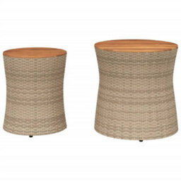 Walplus Garden Side Tables 2 Pcs With Wooden Top Beige Poly Rattan For Garden, Backyard, Or Patio - thumbnail 4