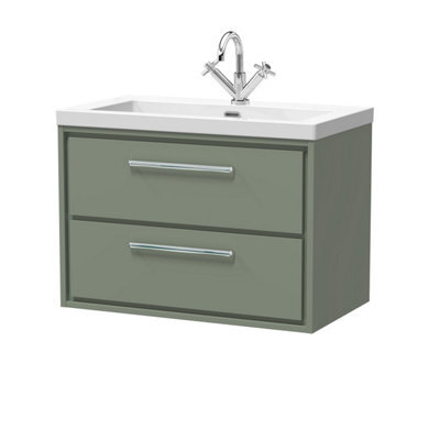 Balterley Longnor Modern Bathroom 2 Soft-Close Drawer Wall Hung Vanity Unit Fireclay Basin, Fern Green, 800mm - image 1
