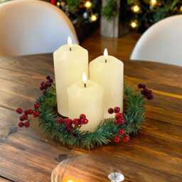 Globrite 3-Pack Ivory Led Pillar Candles Battery Operated Flickering Flameless Set With Berry Wreath & Remote Timer - thumbnail 2