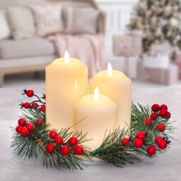 Globrite 3-Pack Ivory Led Pillar Candles Battery Operated Flickering Flameless Set With Berry Wreath & Remote Timer - thumbnail 4