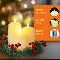 Globrite 3-Pack Ivory Led Pillar Candles Battery Operated Flickering Flameless Set With Berry Wreath & Remote Timer - thumbnail 5