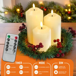 Globrite 3-Pack Ivory Led Pillar Candles Battery Operated Flickering Flameless Set With Berry Wreath & Remote Timer - thumbnail 8