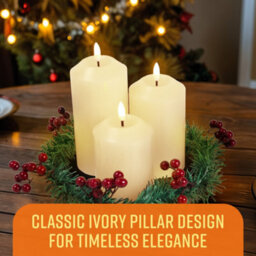 Globrite 3-Pack Ivory Led Pillar Candles Battery Operated Flickering Flameless Set With Berry Wreath & Remote Timer - thumbnail 9