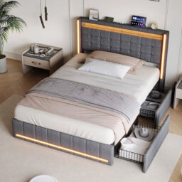 King Bed Frame 150 X 200 With Storage Drawers, Led Bed Frame With Usb Charging Station, Upholstered Bed Headboard, Gray Linen - thumbnail 2