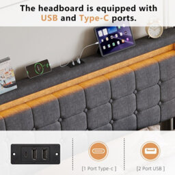 King Bed Frame 150 X 200 With Storage Drawers, Led Bed Frame With Usb Charging Station, Upholstered Bed Headboard, Gray Linen - thumbnail 7