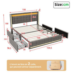 King Bed Frame 150 X 200 With Storage Drawers, Led Bed Frame With Usb Charging Station, Upholstered Bed Headboard, Gray Linen - thumbnail 9