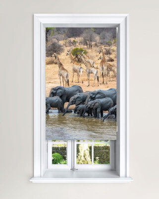 Lister Cartwright Blackout Roller Blind Elephant & Giraffe Water Hole Blind ( 90 Cm Width X 140 Cm Drop) - image 1
