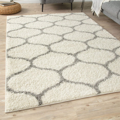 The Rugs Moroccan Shaggy Rugs And Runners Soft Fluffy Trellis Design High Pile Ivory And Grey Living Room Kitchen Hallway 600 - image 1