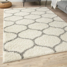 The Rugs Moroccan Shaggy Rugs And Runners Soft Fluffy Trellis Design High Pile Ivory And Grey Living Room Kitchen Hallway 600 - thumbnail 1