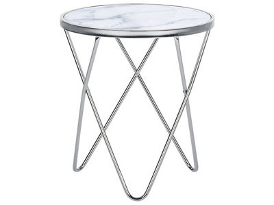 Beliani Astra Living Side Table, 50Cm White Marble-Effect Tempered Glass Top With Silver Hairpin Legs - image 1