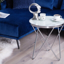 Beliani Astra Living Side Table, 50Cm White Marble-Effect Tempered Glass Top With Silver Hairpin Legs - thumbnail 2