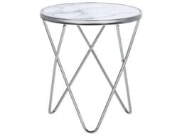 Beliani Astra Living Side Table, 50Cm White Marble-Effect Tempered Glass Top With Silver Hairpin Legs - thumbnail 1