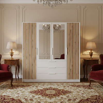 Bali Lux 4 Door Wardrobe With Mirrors Decorative Slats Spacious Closet For Bedroom Hallway White With Oak Wotan - image 1
