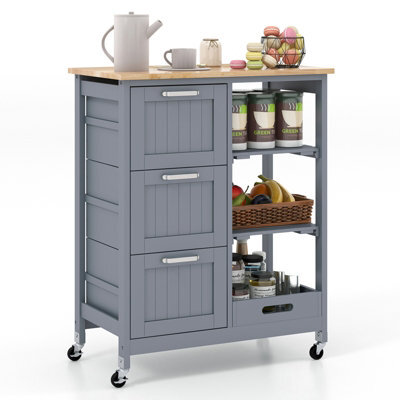 Costway Kitchen Trolley On Lockable Wheels W/ 3 Drawers Wooden Rolling Cart-Grey - image 1