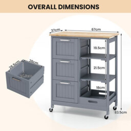 Costway Kitchen Trolley On Lockable Wheels W/ 3 Drawers Wooden Rolling Cart-Grey - thumbnail 2