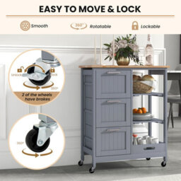 Costway Kitchen Trolley On Lockable Wheels W/ 3 Drawers Wooden Rolling Cart-Grey - thumbnail 3