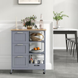 Costway Kitchen Trolley On Lockable Wheels W/ 3 Drawers Wooden Rolling Cart-Grey - thumbnail 6