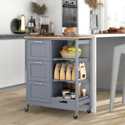 Costway Kitchen Trolley On Lockable Wheels W/ 3 Drawers Wooden Rolling Cart-Grey - thumbnail 7