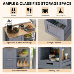Costway Kitchen Trolley On Lockable Wheels W/ 3 Drawers Wooden Rolling Cart-Grey - thumbnail 4