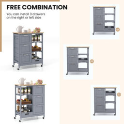 Costway Kitchen Trolley On Lockable Wheels W/ 3 Drawers Wooden Rolling Cart-Grey - thumbnail 8