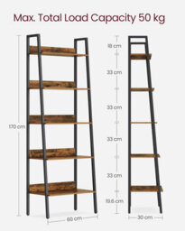 Songmics Vertical Ladder Shelf, 5-Tier Bookcase, Practical Storage Rack For Home Office, Industrial, Rustic Brown And Ink Black - thumbnail 2