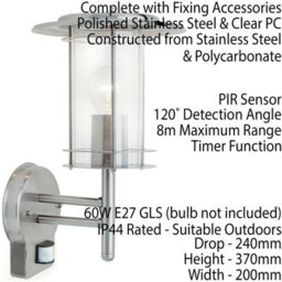 2 Pack Ip44 Outdoor Wall Light Stainless Steel Lantern Glass Round Pir Outdoor - thumbnail 3