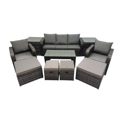 Fimous Rattan Garden Outdoor Furniture Set 3 Seater Sofa Reclining Chair Coffee Table With 2 Side Tables 4 Footstools - image 1